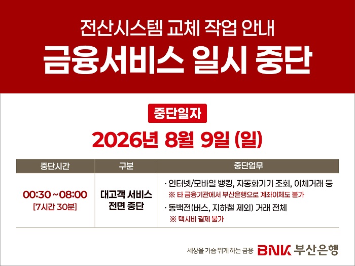 BNK부산은행, 전산시스템 작업으로 금융서비스 일시 중단 예정